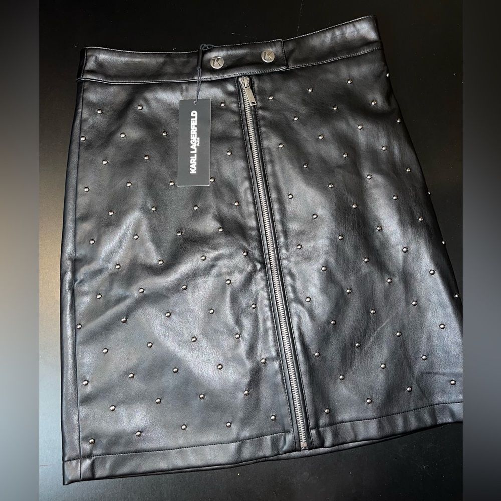 Karl Lagerfeld Black Faux Lather Studded Skirt Size 2 NWT Edgy grunge dark fairy
